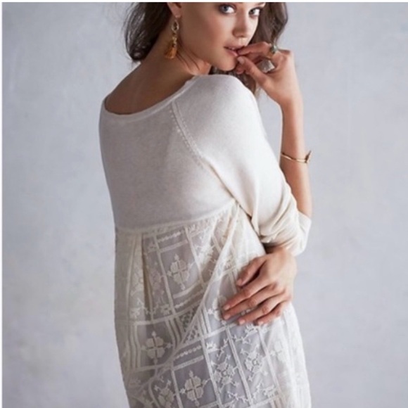 Anthropologie Sweaters - Anthropologie Little Yellow Bird Avery White Lace Longsleeve Top Sweater Med.